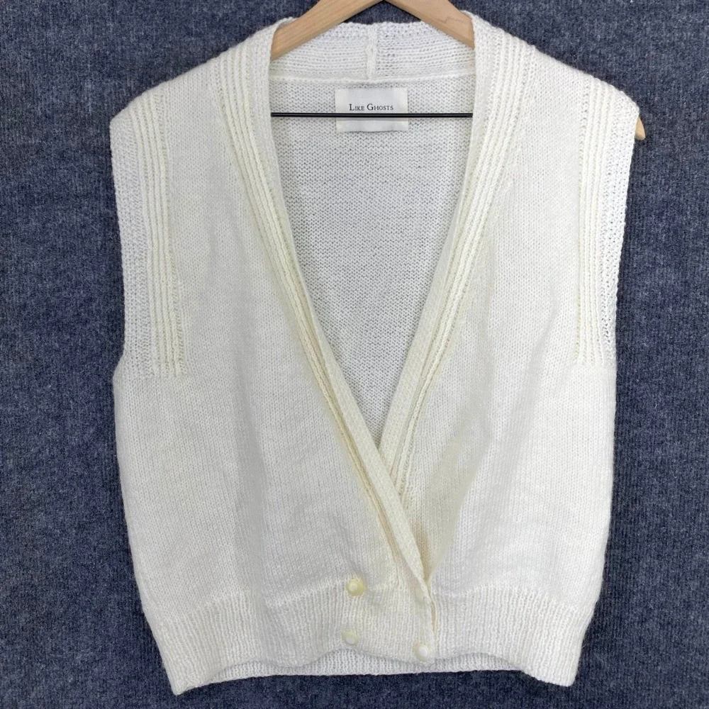 Like Ghosts Vintage Ivory Knit Sweater Vest Surplice Wrap V-Neck Button Front